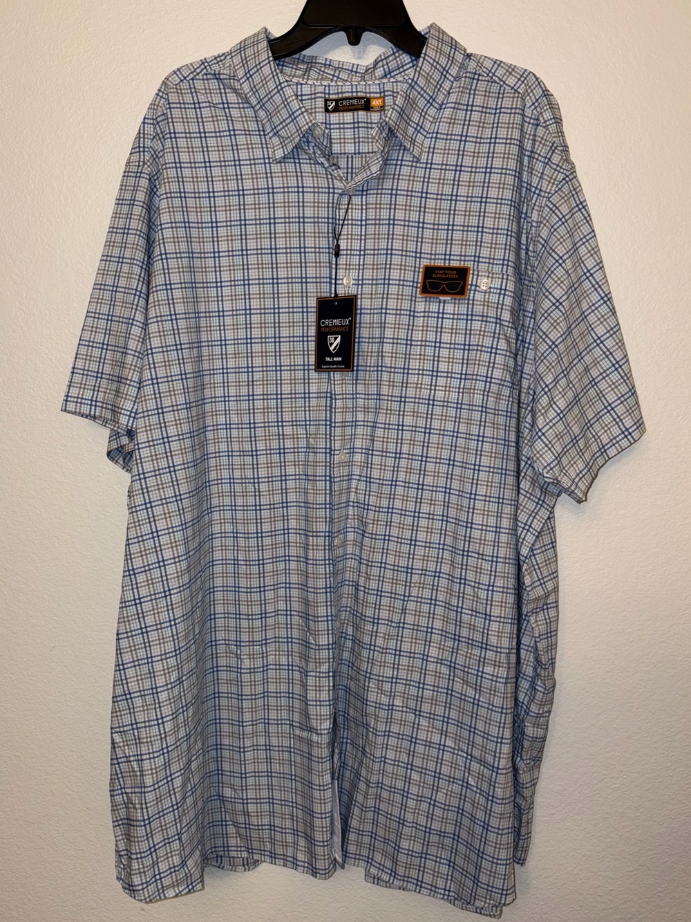 NWT Cremieux Performance Plaid Short Sleeve Shirt 4XT Blue Grey Tall Man